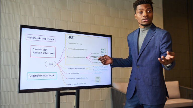 Interactive Flat Panel in an office, with one person explaining a project.