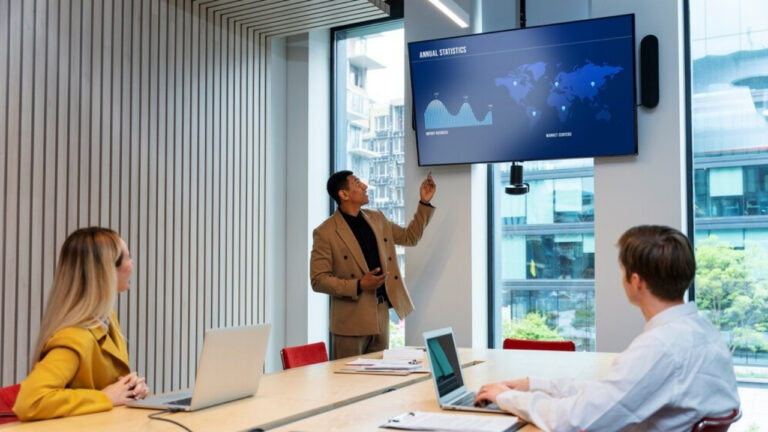 Interactive Flat Panel in an office conference room, with employees discussing.